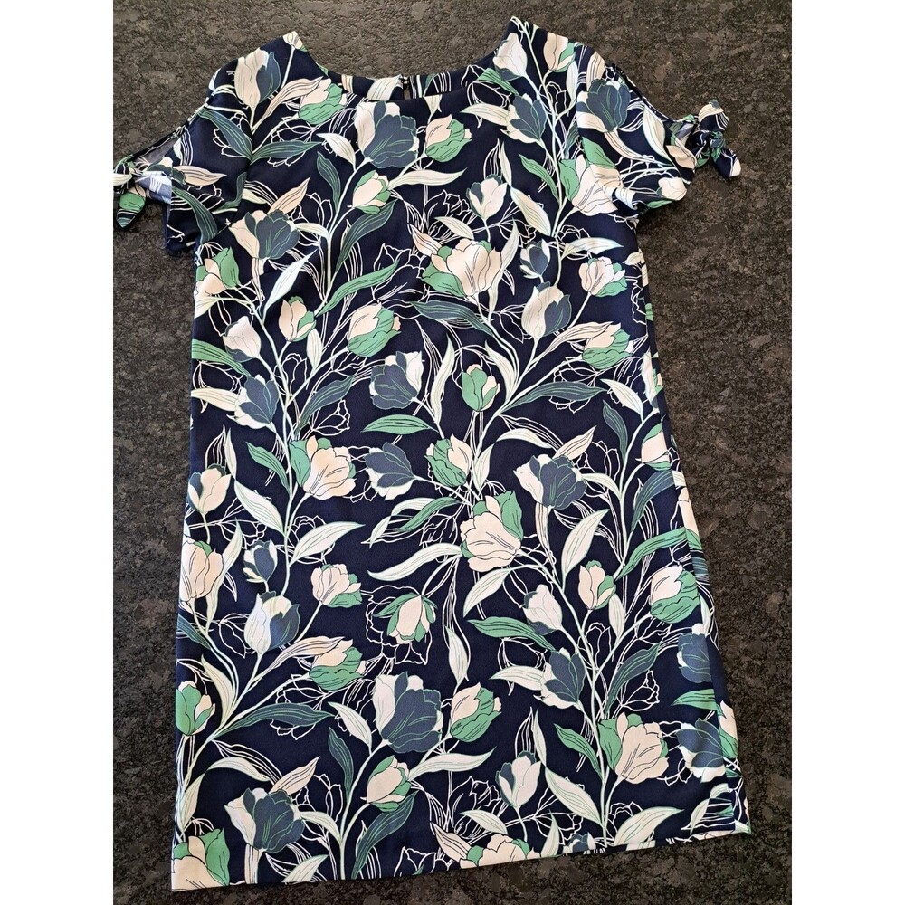 Banana Republic Floral Dress Navy Blue Green White Split Tie Sleeve Size M